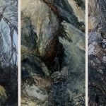 Roches – Triptyque. Huile sur papier marouflé sur contre-plaqué 97×180 cm 2008