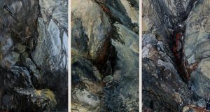 Roches – Triptyque. Huile sur papier marouflé sur contre-plaqué 97×180 cm 2008